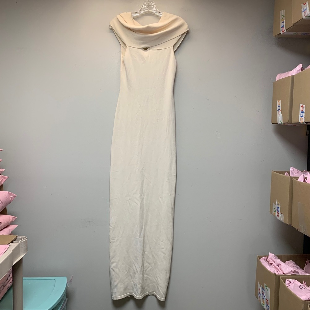 Meshki Maxi Dress Womens Medium Cream‎ Excellent Open Back Cowl Neck Knit Gown